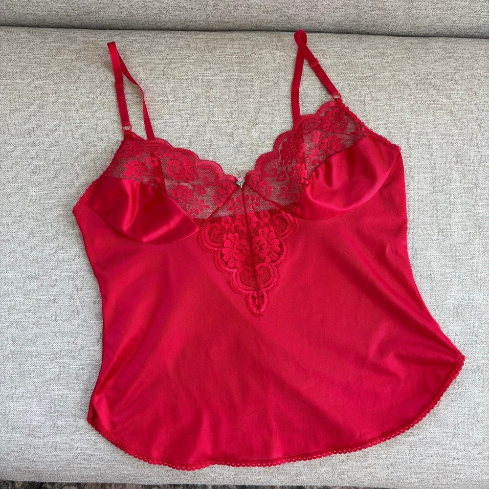 80s Vintage Maidenform Cami Slip Red Lace Trim Lingerie Coquette Glam Romantic